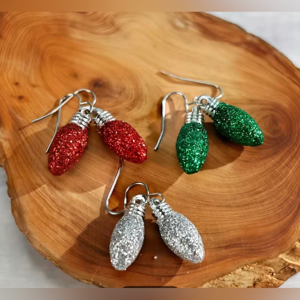 3 Pairs Sparkling Christmas Light bulb Drop Earrings.